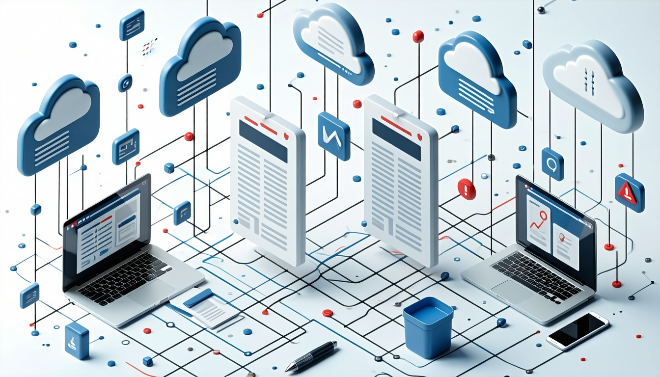 3D isometric illustration showing a cluttered digital workspace. Multiple floating spreadsheet icons with gray placeholder bar rows scattered in disarray, connected by tangled lines to laptop and cloud icons. Some icons have a red warning badge. Indigo and gray color palette, bright white background, minimal flat style. No text, no letters, no words, no numbers, text replaced with gray placeholder bars