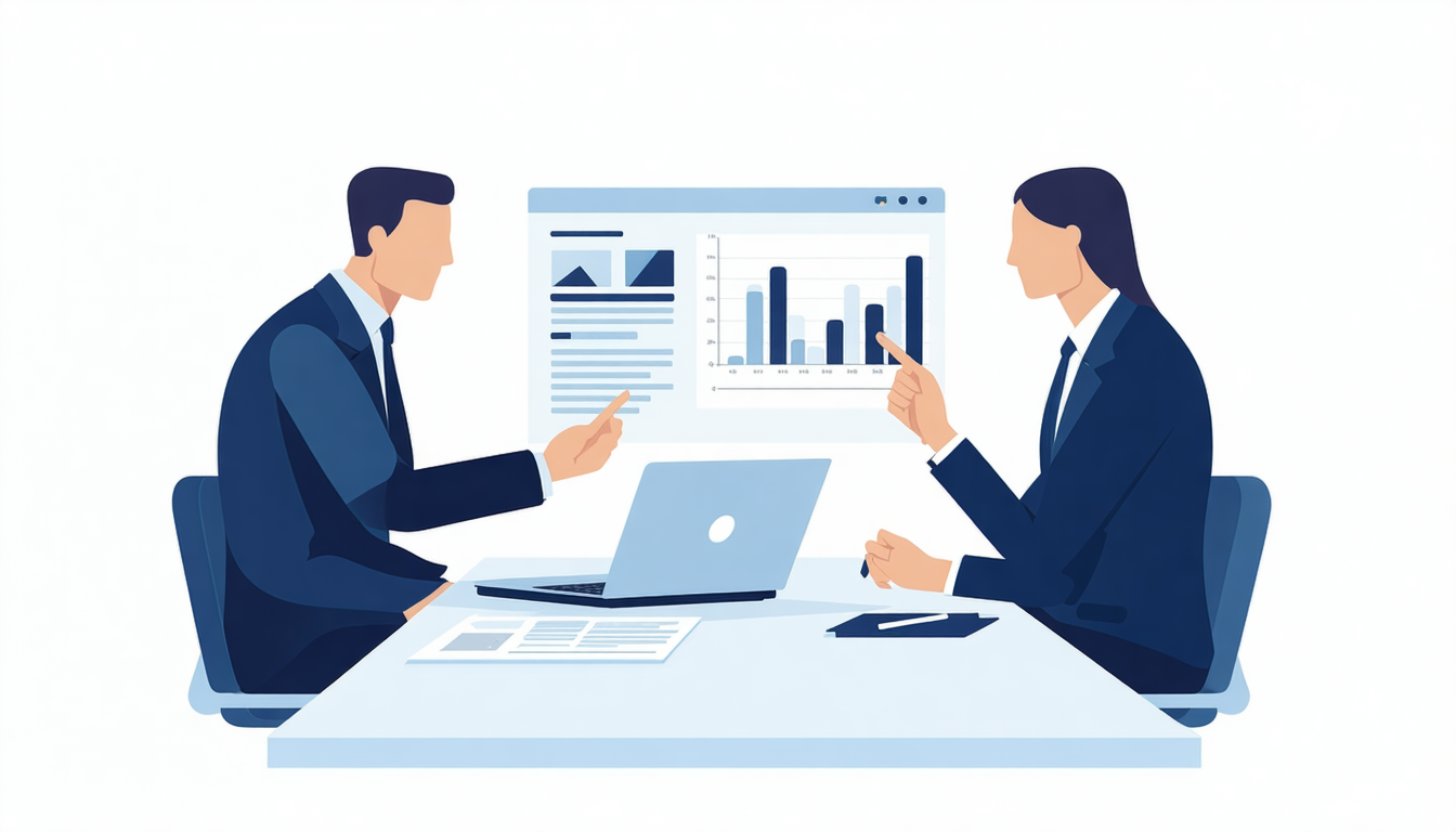 A clean flat illustration showing a negotiation table with two sides — one person presenting data charts and graphs on a laptop to a vendor representative. Minimalist style with indigo and emerald color accents, bright white background, documents and bar charts visible on screen, no text, no letters, no words, no numbers, text replaced with gray placeholder bars